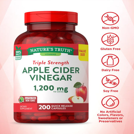 Apple Cider Vinegar Capsules | 1200Mg | 200 Pills | Value Size | Vegetarian, Non-Gmo, Gluten Free | by Nature'S Truth