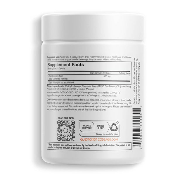 Codeage Liposomal L-Carnitine 500Mg Supplement, 3-Month Supply, Free Form Amino Acid, Non-Gmo, 90 Ct