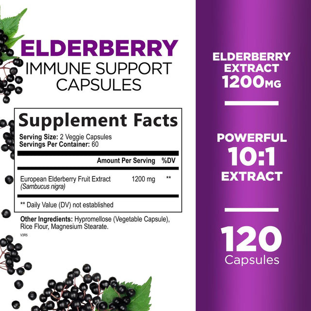 Nature'S Nutrition 10:1 Elderberry Extract Capsules - Highly Concentrated Sambucus Black Elderberry, Immune Support Dietary Supplement, Elder Berry Vitamins, Gluten Free Non-Gmo - 120 Capsules