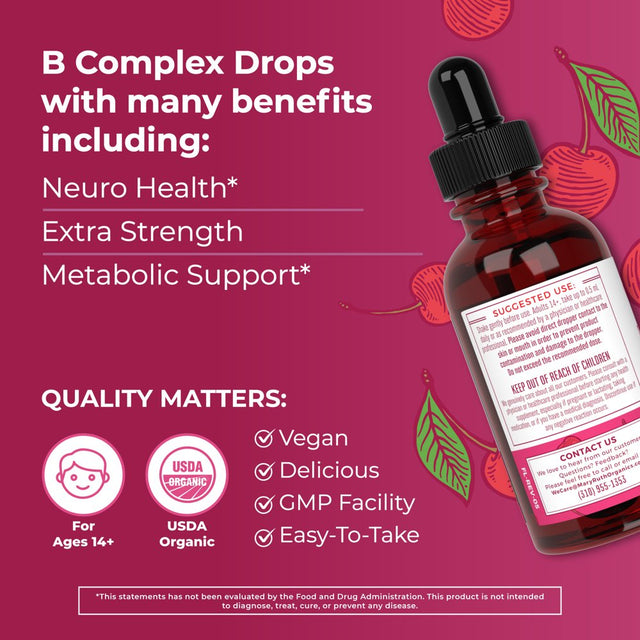 Maryruth Organics | USDA Organic Vegan Vitamin B Complex Liquid Drops | Cherry Flavor | Vegan, Non-Gmo | 1 Fl Oz / 30 Ml