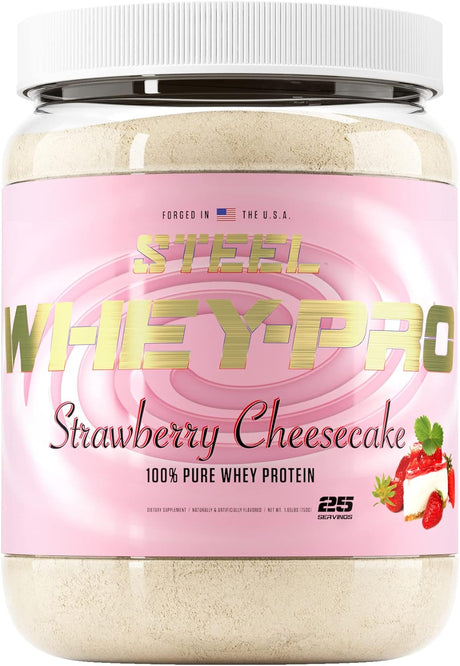 Steel Supplements Whey-Pro | 100% Pure Whey Protein Powder for Men and Women | Strawberry Cheesecake | Muscle Gain & Lean Muscle Recovery | Gluten Free | 1.65 Lbs | BCAA 5G | Non-Gmo | 25 Servings