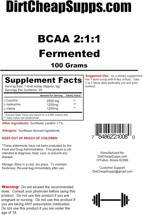 Bcaa'S Amino Acid Powder-100G Yielding 20 Servings-(Fermented and Instantized) Vegan Unflavored BCAA Powder