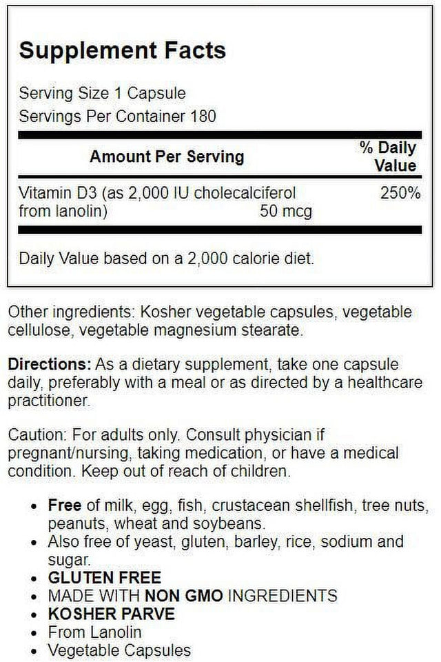 Bluebonnet Vitamin D3 2000 Iu, 180 Ct