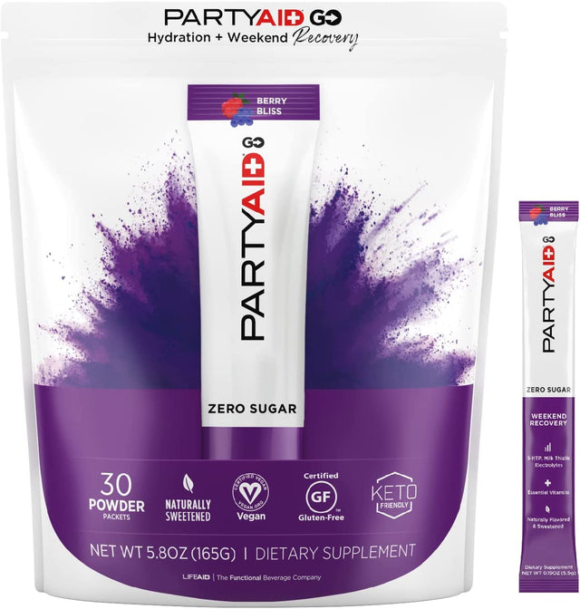 PARTYAID GO Feel Good Tonight and Tomorrow, Zero Sugar, 5-HTP, B-Complex, Milk Thistle, Electrolytes, No Artificial Flavors or Sweeteners, Caffeine-Free, 30 Count (Pack of 1)