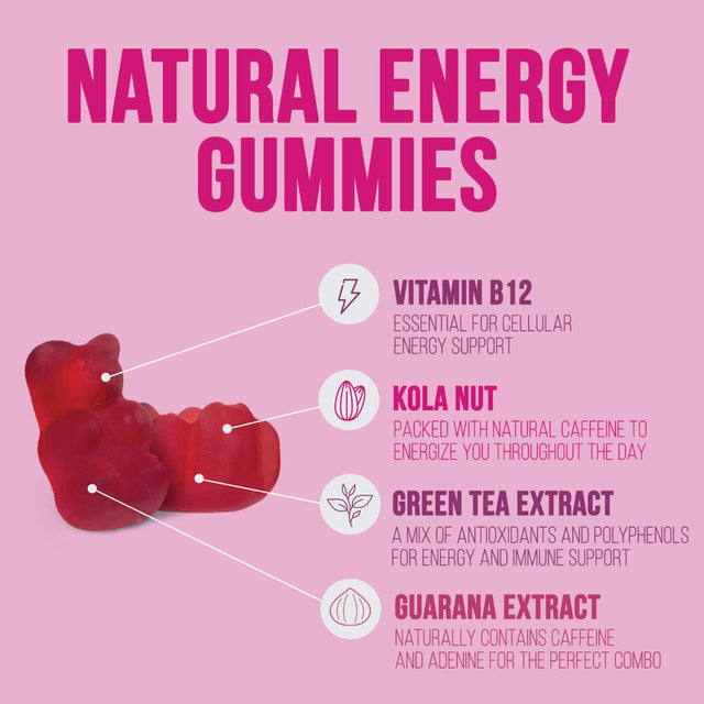 Energy Gummies Vitamin B12, Green Tea and Guarana Extract, Daily Energy Vitamin Supplement, Delicious Raspberry Flavor Gummy Chewable Supplement for Men and Women, Non-Gmo and Vegan - 60 Gummies