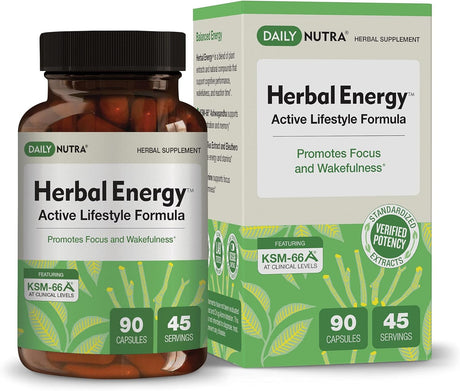 Herbal Energy - Sustained Energy & Focus Supplement with L-Theanine, Green Tea and Ashwagandha - Natural Caffeine Pills without Jitters (90 Capsules)