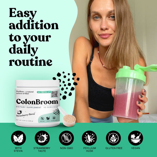 Colonbroom Psyllium Husk Powder Colon Cleanser - Fiber Supplement, Strawberry Flavor, 40 Servings