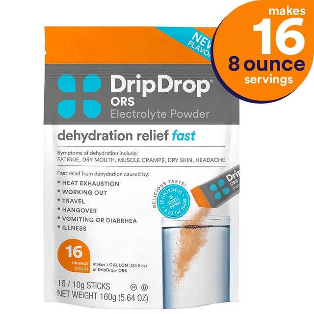 Dripdrop ORS - Patented Electrolyte Powder for Dehydration Relief Fast - for Workout, Sweating, Heat, & Travel Recovery - Orange - 16 X 8Oz Servings