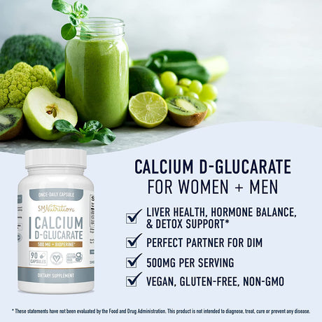 Calcium D-Glucarate | 500Mg | CDG for Liver Detox & Cleanse, Metabolism, Hormone Balance, & Menopause Support* | Vegan.Org Certified, Non-Gmo, Gluten-Free Calcium D Glucarate | 90 Ct. (3-Month Supply)