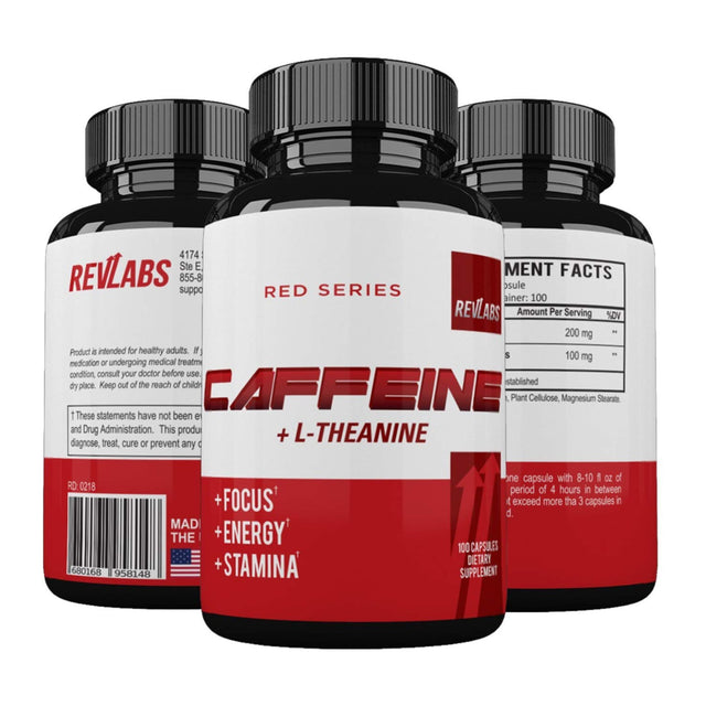 Revlabs - Caffeine Pills + L Theanine - Energy and Focus Supplement for Men and Women - 100Mg of Caffeine + 200Mg of L-Theanine - 100 Capsules