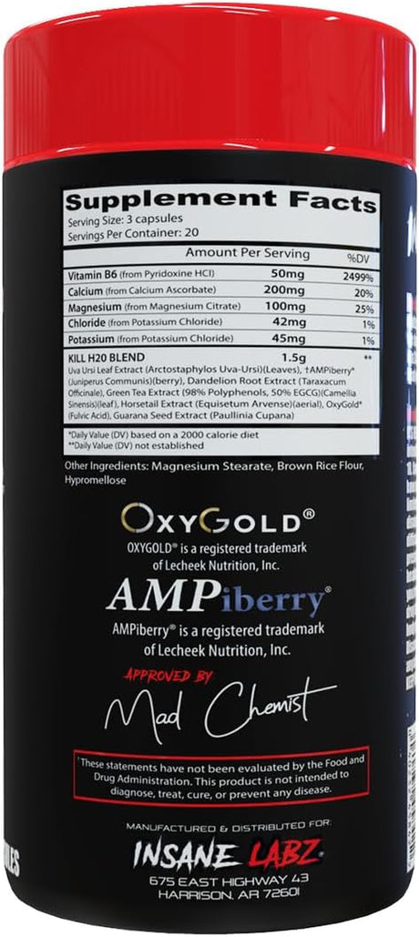 Insane Labz Kill H20, Ampiberry Infused Diuretic, Reduce Water Retention and Bloating Relief with Dandelion Root and Green Tea Extract, 20 Servings