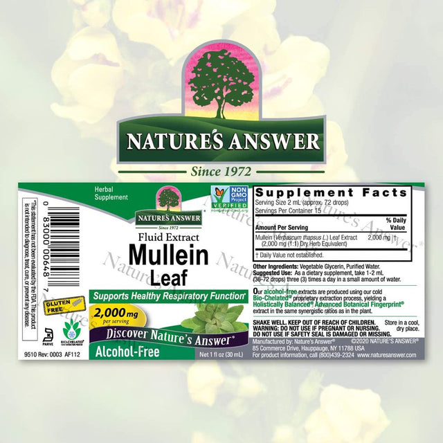 Nature'S Answer Mullein Leaf | Herbal Supplement | Supports Healthy Respiratory Function & Healthy Mucous Membranes | Non-Gmo & Kosher | Gluten-Free & Alcohol-Free 1Oz