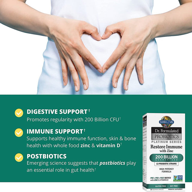 Garden of Life Dr. Formulated Probiotics Platinum Series RESTORE IMMUNE with Zinc and Vitamin D - 200 Billion CFU Guaranteed, Prebiotic Postbiotic Probiotic for Digestion, 28 Ct *EN