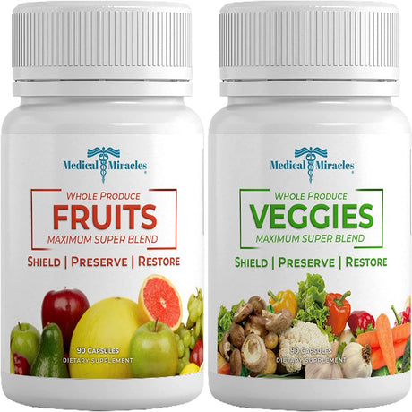 NEW. Medical Miracles - Fruit and Vegetable Supplements - 2 Pack 90 Veggie and 90 Fruit Capsules - Made with Whole Food Superfoods, 17 Veggies and 17 Fruits Made in the USA