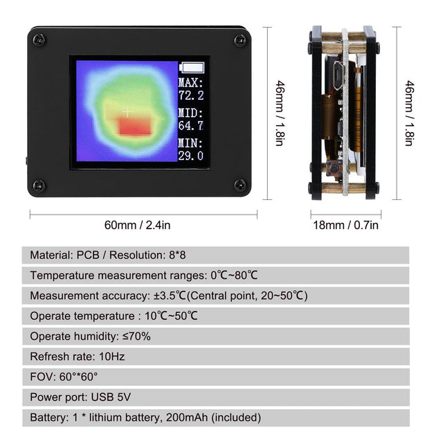 Walmeck AMG8833_CP 1.8 Inch TFT Display Simple Portable Infrared Thermal Imager Temperature Sensors Maximum Minimum Temperature Display