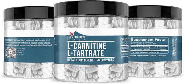 Earthborn Elements L-Carnitine Tartrate, 200 Capsules, No Magnesium or Rice Fillers, No Additives, Gluten-Free, Undiluted