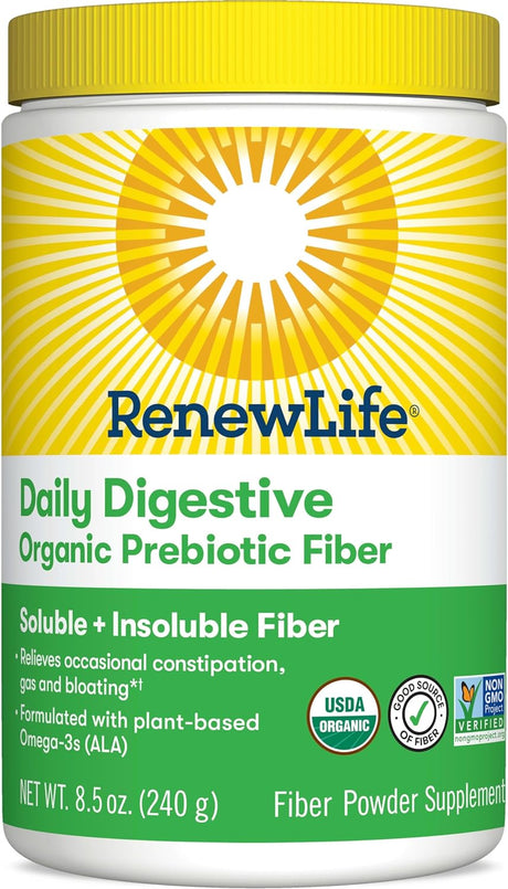 Renew Life Daily Digestive Organic Prebiotic Fiber Powder, Daily Supplement Supports Digestive and Immune Health, Soluble and Insoluble Fiber, Dairy and Soy Free, 8.5 Oz.