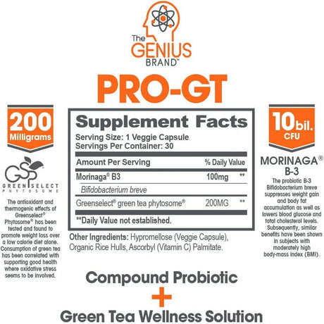 Digestion Supplement, Probiotics for Weight Loss with Green Tea Extract, Fat Burner Genius Pro-Gt by the Genius Brand