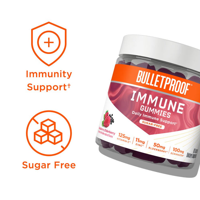 Immune Sugar-Free Gummies, 60 Count, Elderberry Raspberry Flavor | Vitamin C, Zinc, Echinacea, Elderberry | Bulletproof Keto Supplement for a Wellness, Mood, Heart, Hormone Balance