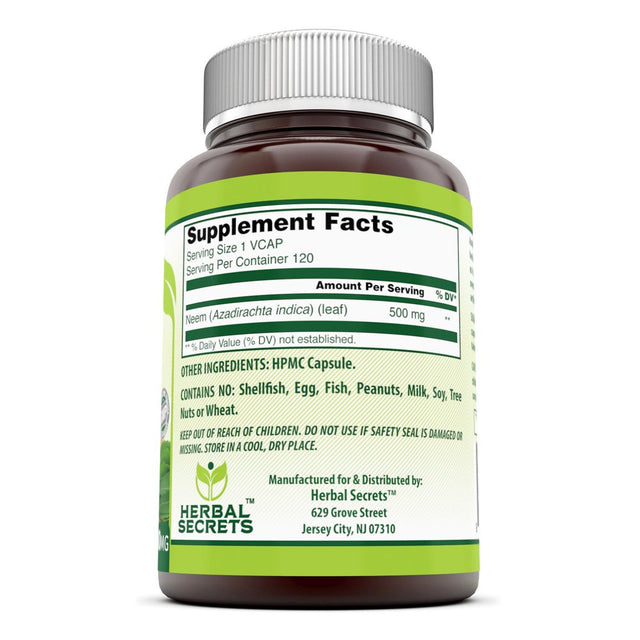 Herbal Secrets Neem (Made with Natural Neem Leaf) | 500Mg 120 Veggie Capsules Supplement | Non-Gmo | Gluten Free | Made in USA | Ideal for Vegetarians