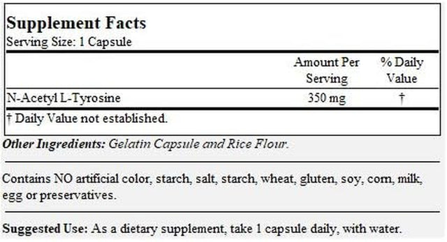 BESTVITE N-Acetyl L-Tyrosine 350Mg (NALT) (120 Capsules) - No Stearates - Non GMO - Gluten Free