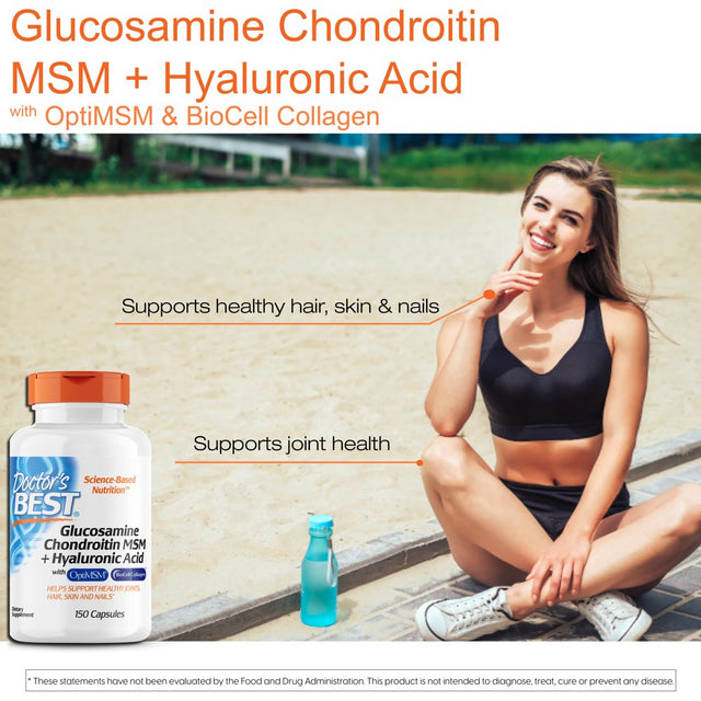 Doctor'S Best Glucosamine Chondroitin MSM + Hyaluronic Acid with Optimsm & Biocell Collagen Capsules, 150 Ct