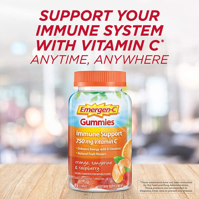 Emergen-C 750Mg Vitamin C Gummies for Adults, Immunity Gummies with B Vitamins, Gluten Free, Orange, Tangerine and Raspberry Flavors - 45 Counts