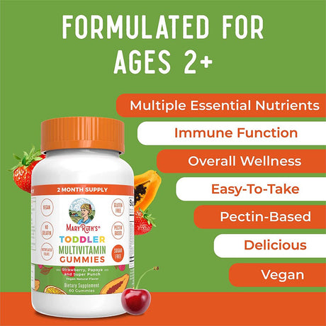 Maryruth Organics | Multivitamin Gummies for Kids Ages 2+| Vitamin C, D3, Zinc | Immune Support Kids Gummy Vitamins | Fruit Flavored | Vegan | 60 Count