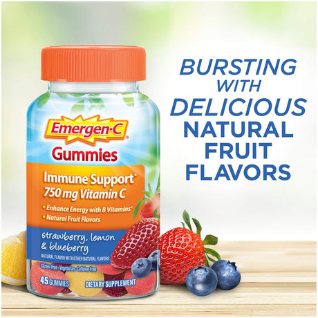 Emergen-C 750Mg Vitamin C Gummies for Adults, Immune Support Gummies, Gluten Free, Strawberry, Lemon and Blueberry Flavors - 45 Count