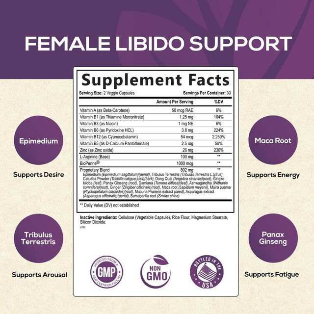 Libido Booster for Women - Female Libido Support Supplement - Women Vitamins Formula Supports Energy - Maca Root, Panax Ginseng, Tribulus Terrestris, Ashwagandha & More - 60 Veggie Capsules