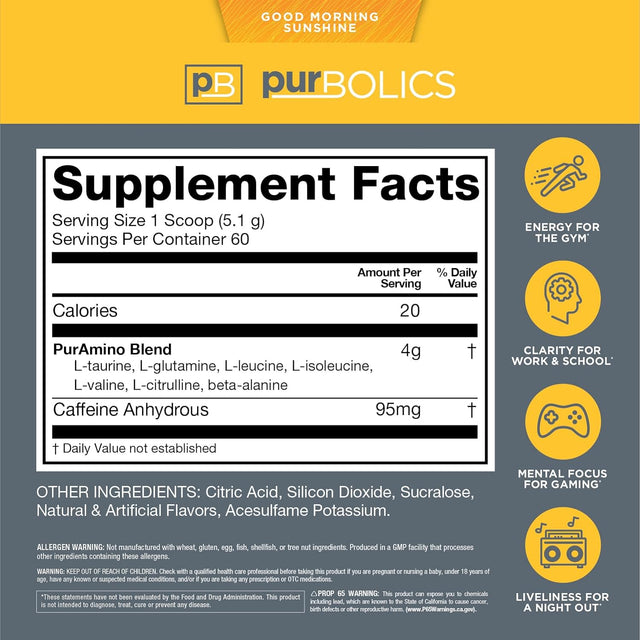 Aminos + Energy | Supports Recovery, Energy & Focus | 95Mg of Caffeine, 0 Sugar & 60 Servings (Good Morning Sunshine)