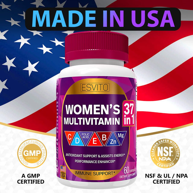 Multivitamin for Women 37 in 1 - Immune, Energy & Stress Support- Daily Vitamins for Women with Vitamin C, Vitamin B12, B6, Vit D3, E, Folic Acid, Zinc, Magnesium, Non-Gmo 30 Day Supply, 60 Vegan Caps