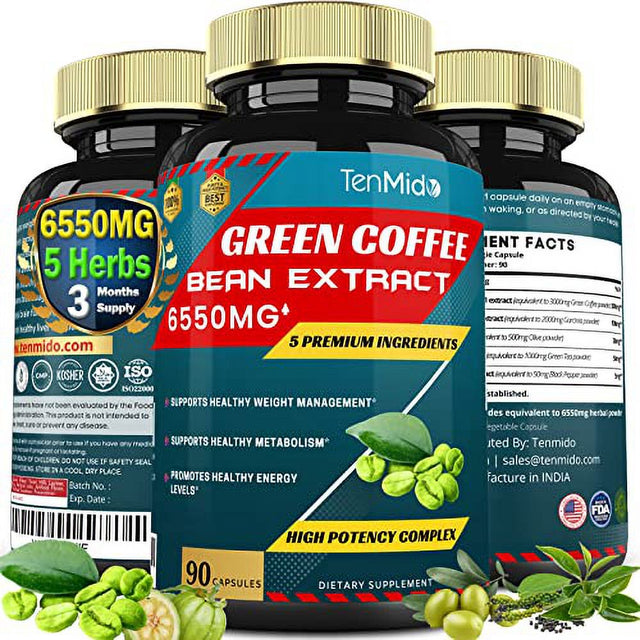 Tenmid Green Coffee Bean Extract 6550Mg 90 Capsules Garcinia, Olive, Green Tea, Kidney, Pepper