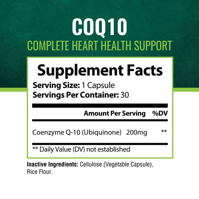 Coq10 Capsules - Promotes Heart & Brain Health for Increased Energy and Stamina – Powerful Antioxidant, Non-Gmo, Dietary Supplement - 30 Capsules