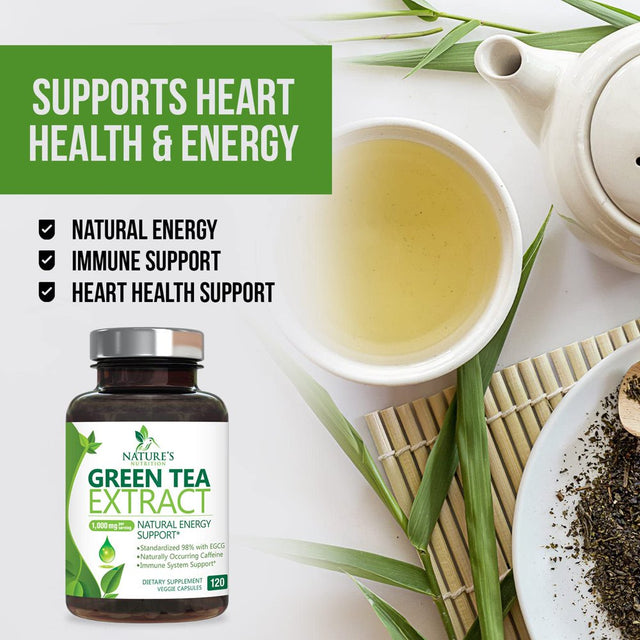 Green Tea Extract Capsules 1000Mg 98% Standardized EGCG - 3X Strength for Natural Energy - Heart Support with Polyphenols - Gentle Caffeine - 120 Capsules