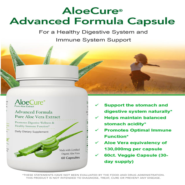 Aloecure Organic Aloe Vera Capsules, 130,000Mg Equivalent per Capsule, Trial Size (30 Capsules), Natural Stomach Acid Buffer, Vegan Digestive & Immune Supplement, Grown on Organic Farms - Aloin Free