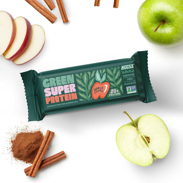 NECTIS Green Super Protein Meal Replacement 82 Gram Bars, 20 Grams Plant Protein, High Fiber, Vegan, No Soy, Non Gmo, (8 Count) (Apple Cinnamon)