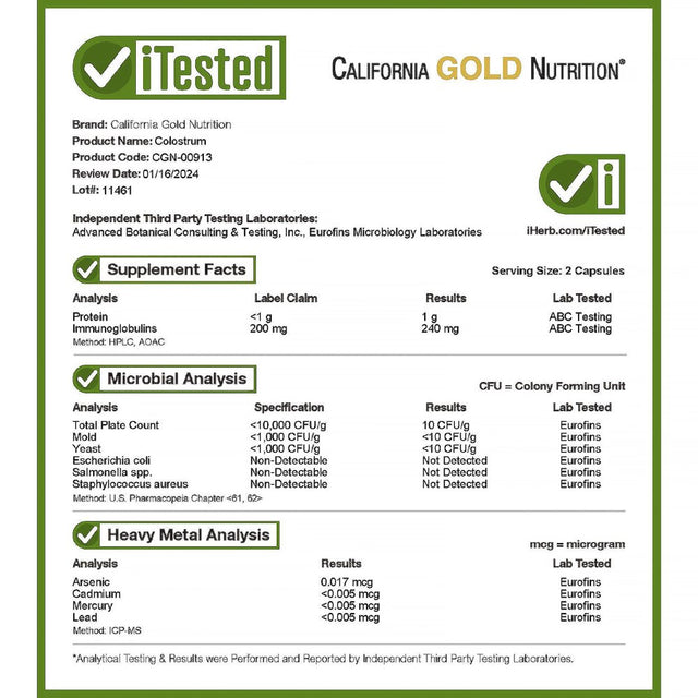 Colostrum by California Gold Nutrition - Concentrated Bovine Pre-Milk Supplement Featuring Immunoglobulins - Immune Support - Gluten Free, Non-Gmo, No Antibiotics - 240 Veggie Capsules