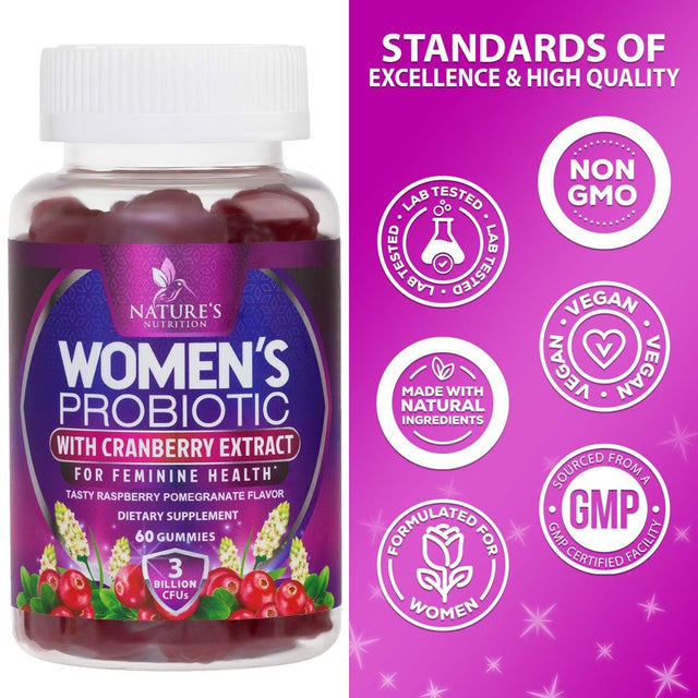 Probiotics for Women Gummy with Cranberry, 3 Billion CFU Guaranteed with 6 Diverse Strains, Womens Probiotic Gummies for Digestive, Vaginal Ph, Urinary & Immune Health Support, Non-Gmo - 60 Gummies