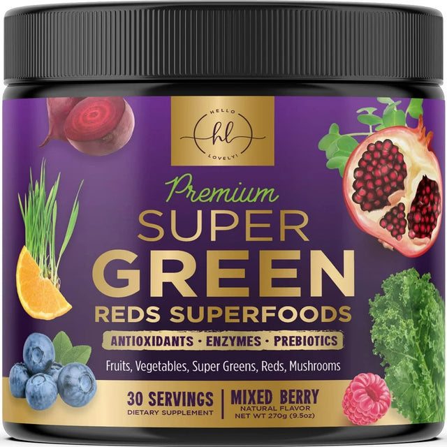 Hello Lovely! Super Greens Drink Powder, Greens Blend Smoothie Mix for Energy Support W/Superfood Spirulina, Chlorella & Antioxidants, Digestive Enzymes, Vegan, Non-Gmo, Berry Flavor - 30 Servings