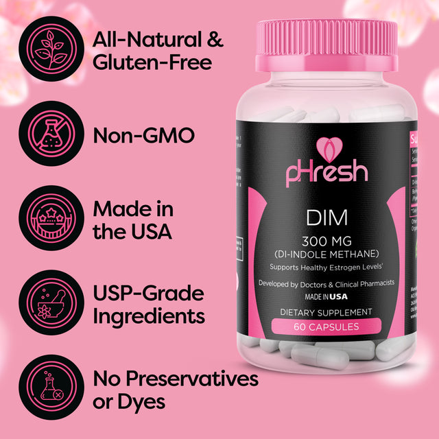 Phresh DIM Supplement - Women Estrogen Balance Support 300 Mg - Gluten-Free Diindolylmethane with Bioperine - Estrogen Supplement for Women and Men - Non-Gmo Hormonal Acne Supplements, Made in the USA