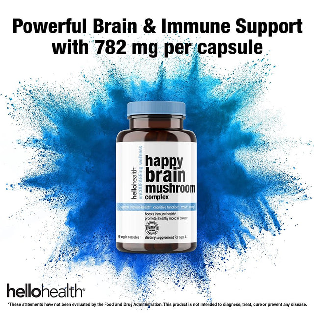 Hello Health Happy Brain - Nootropics Brain Supplement with 10 Brain Support Mushrooms, Mental Clarity, Stress Relief & Immune Support - 60 Capsules