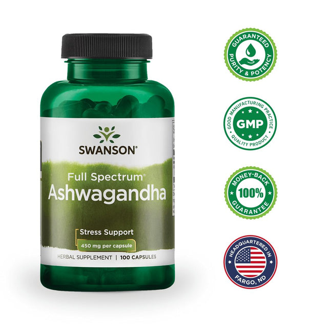 Swanson Ashwagandha Powder Supplement - Ashwagandha Root & Aerial Parts Supplement Promoting Stress Relief & Energy Support - Ayurvedic Supplement for Natural Wellness - (100 Capsules, 450Mg Each)