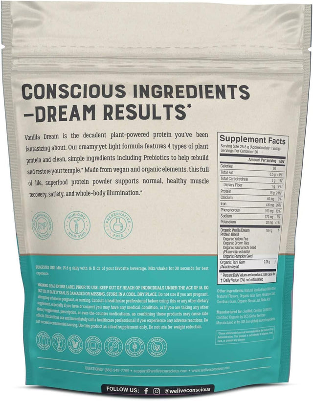 Live Conscious Organic Pea Protein Powder - Vanilla Dream Flavor | Plant-Based Vegan Protein Blend - Pea, Brown Rice, Pumpkin, Sacha Inchi | 20 Servings 18.2 Oz