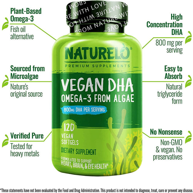 NATURELO Vegan DHA - Omega 3 Oil from Algae - Supplement for Brain, Heart, Joint, Eye Health - Provides Essential Fatty Acids for Women Men and Kids - Complements Prenatal Vitamins - 120 Softgels