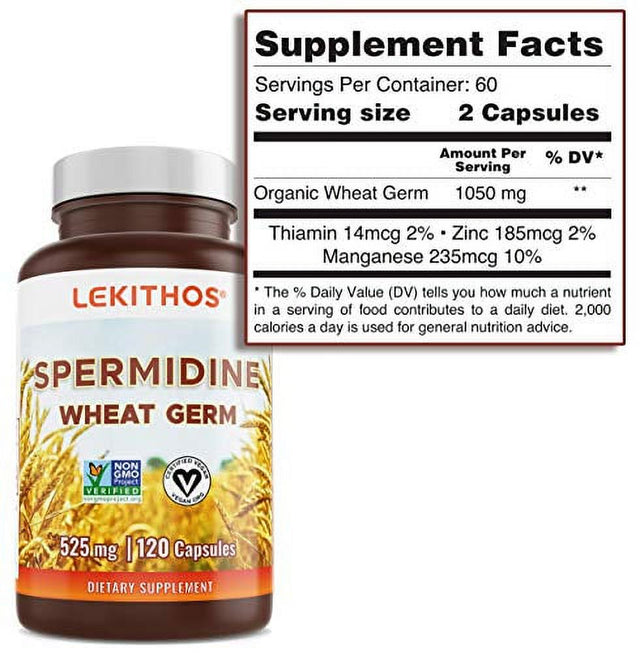 Lekithos® Spermidine Wheat Germ Capsules - 120 Capsules - Organic Wheat Germ Supplement, Non-Gmo Project Verified, Certified Vegan