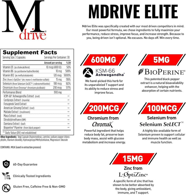 Mdrive Elite Natural Energizing Booster Start Everyday Nutrition & Protein Powder - Supports Immune Health, Energy, Stress Relief, Cardio, Vo2Max, Lean Muscle, Digestion and Recovery