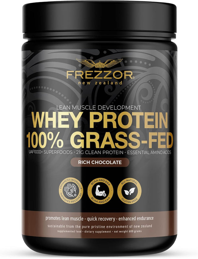 FREZZOR 100% Grass-Fed Whey Chocolate Protein Powder with UAF1000+, Keto Friendly, 21G Protein, Bcaas & Eaas, Gmo-Free, Rbgh-Free, No Added Sugar/Preservatives, Made in New Zealand, 600 Grams, 1 Count