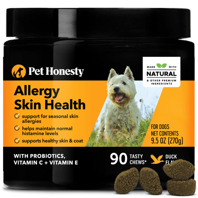 Pet Honesty Dog, Allergy Skin Health Support Supplement W Vitamin C Vitamin E and Probiotics, Duck Flavor, 90 Count Soft Chews