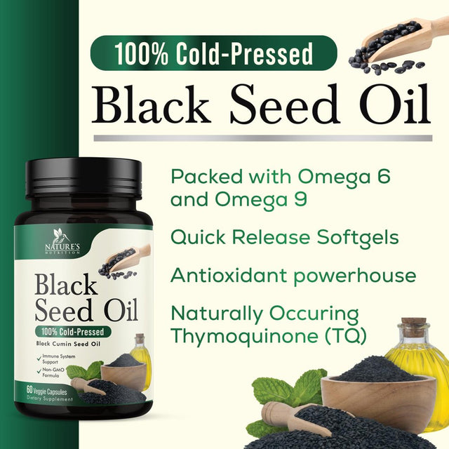 Black Seed Oil Capsules 1000Mg - Vegan Cold-Pressed Nigella Sativa Black Seed Oil, Nature'S Pure Black Cumin Seed Oil for Immune, Hair and Brain Support, Non-Gmo - 60 Capsules